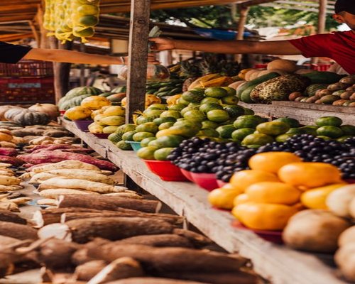 A variety of colorful fresh fruits and vegetables purchased at a local Colombian market